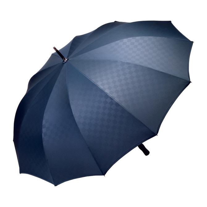 A navy blue umbrella with a checkered pattern and a black handle, featuring a logo.