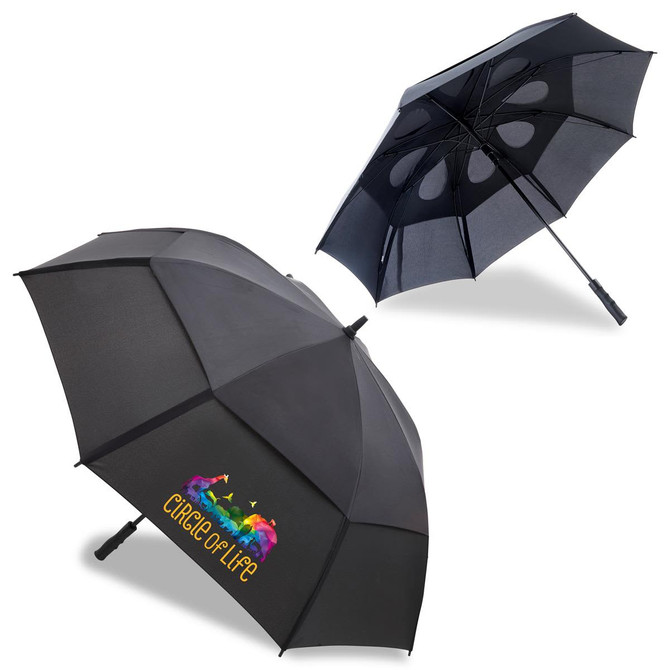 A black umbrella with a unique design and a logo, featuring contrasting inner panels.