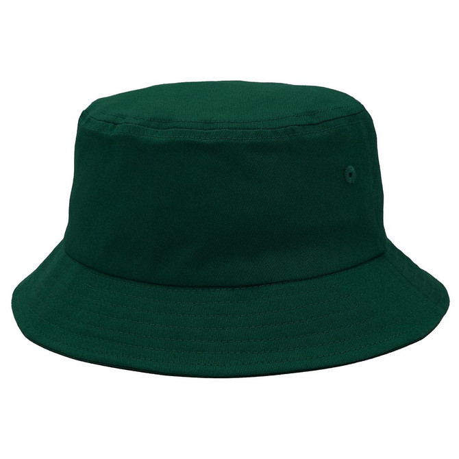A green bucket hat featuring a simple design and a small logo on the side.