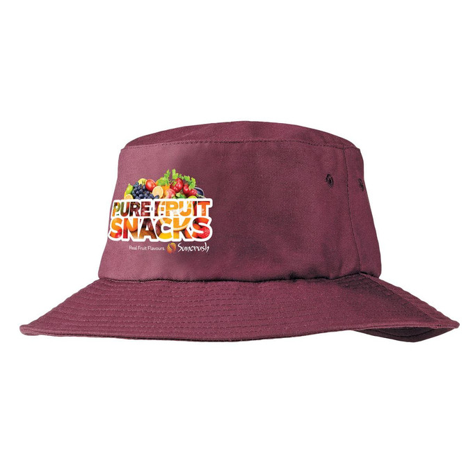 A maroon bucket hat featuring a logo on the front and a wide brim for sun protection.