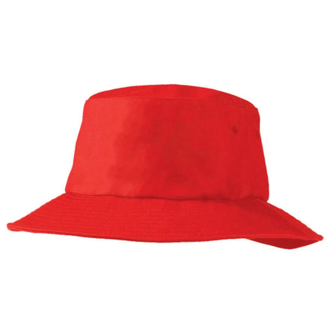 A red Poly Viscose bucket hat with a wide brim and a logo. Suitable for headwear.