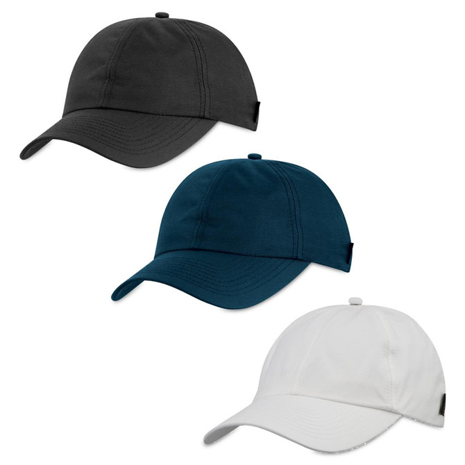 A set of three caps in black, teal, and white, featuring a logo on each.