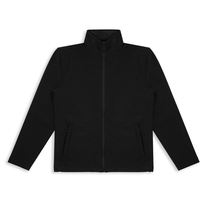 A black soft shell unisex jacket with a zip front and side pockets. Features a logo on the chest.
