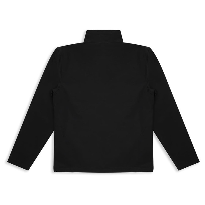 A black unisex soft shell jacket featuring a high collar and long sleeves. The jacket has a logo branding.