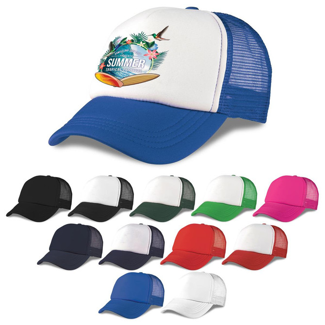 A trucker cap featuring a white front with a blue brim, surrounded by various colour options including black, red, and green.