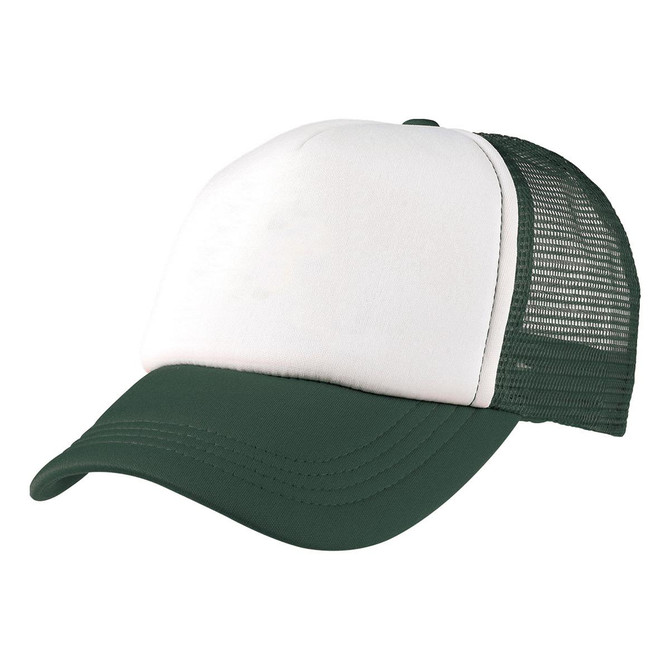 A green and white foam mesh trucker cap with a curved brim and a mesh back, featuring a logo.