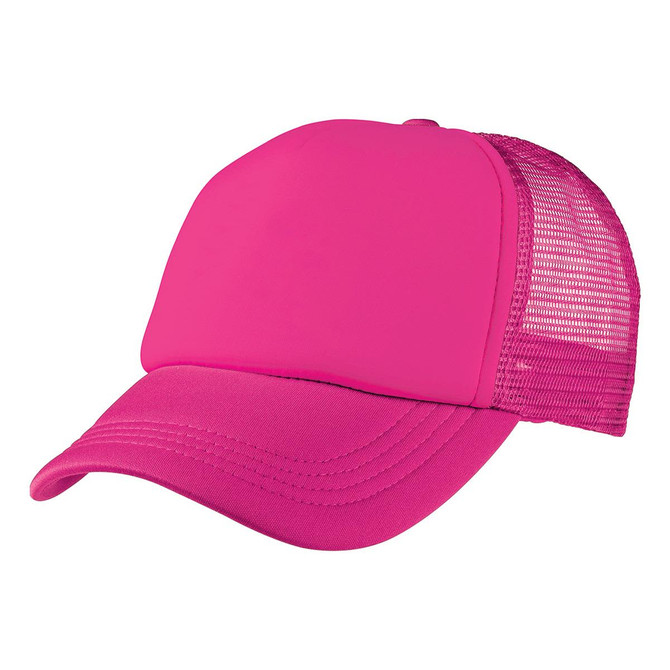 A bright pink foam mesh trucker cap featuring a solid front and mesh back. Includes a logo.