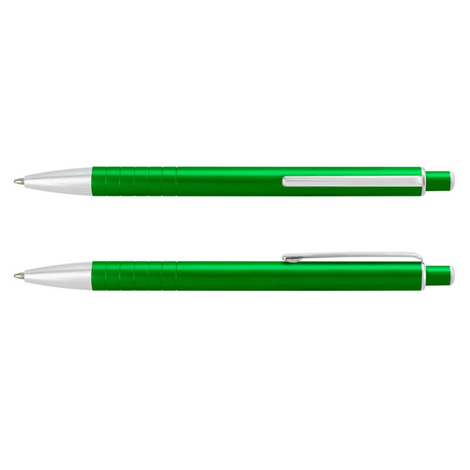 A green metal pen with a silver clip and accents, featuring a textured grip. It has a sleek design with a logo.