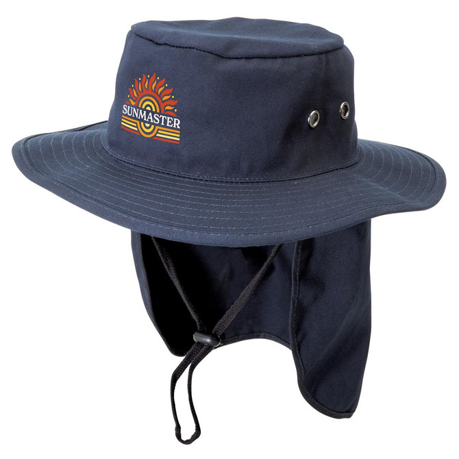 A navy blue hat with a wide brim and a neck flap, featuring a logo on the front.