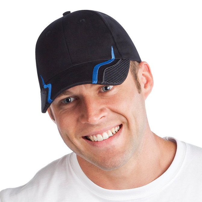 A black cap with blue accents and a branding logo, worn by a smiling man.