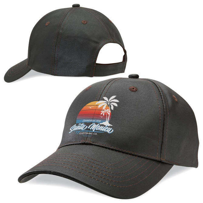 A dark brown cap with a logo, featuring an adjustable back and a curved brim.