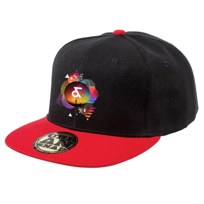 A black cap with a red visor, featuring a graphic design and a logo on the front.