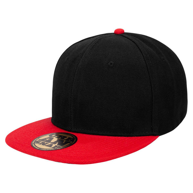 A black and red cap featuring a flat brim and a logo on the front.