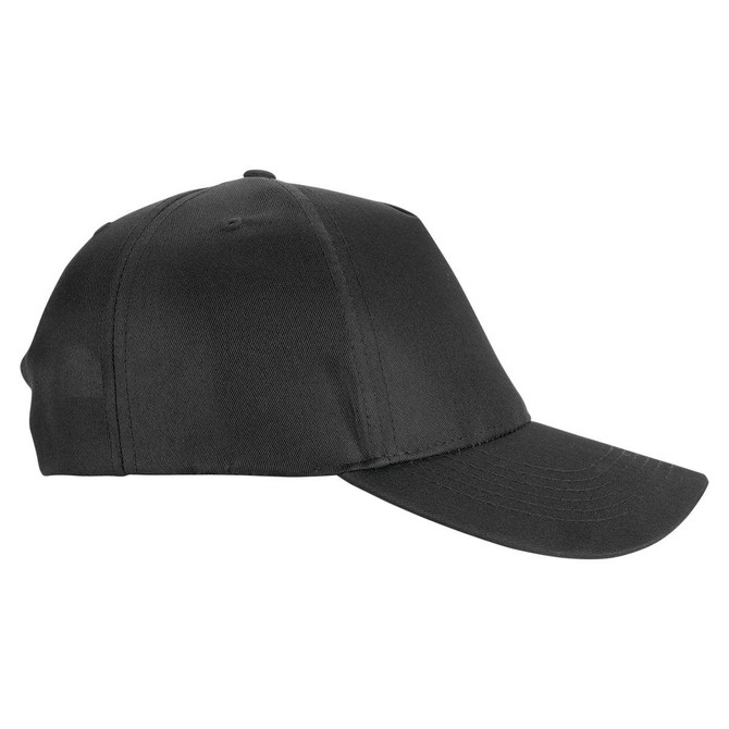 A black polycotton cap with a curved brim and a logo on the front.