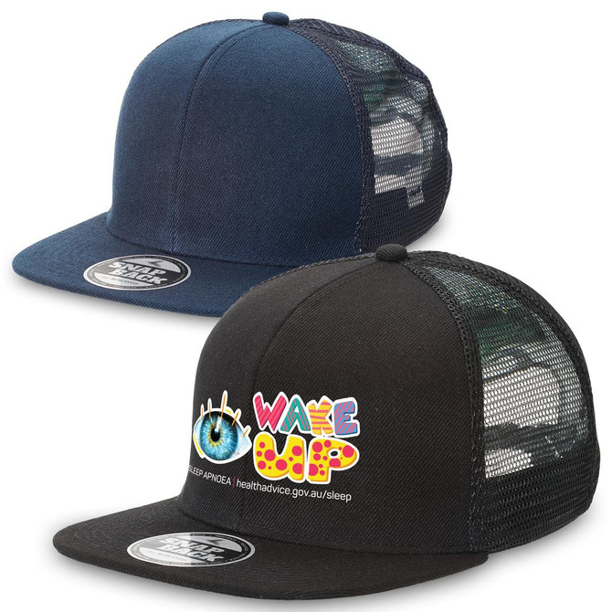 Two trucker caps in navy and black with mesh backs. One features a logo.