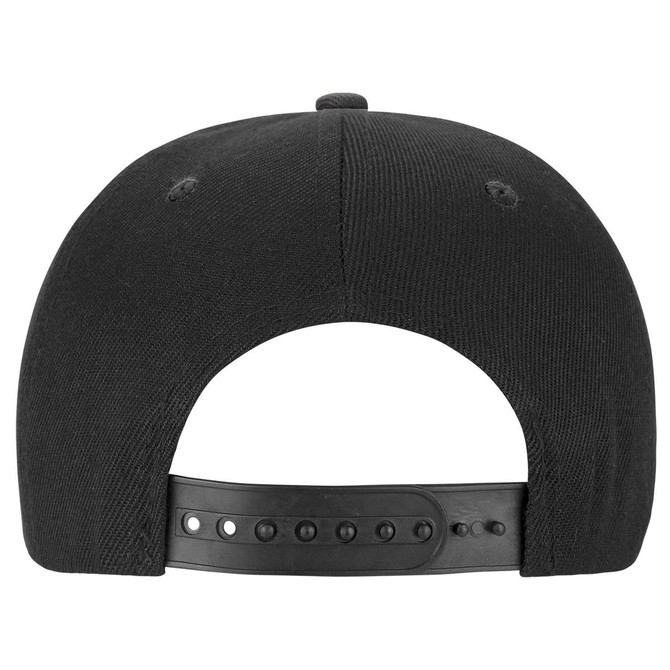 A black youth snapback cap featuring a solid design and an adjustable snap closure at the back.