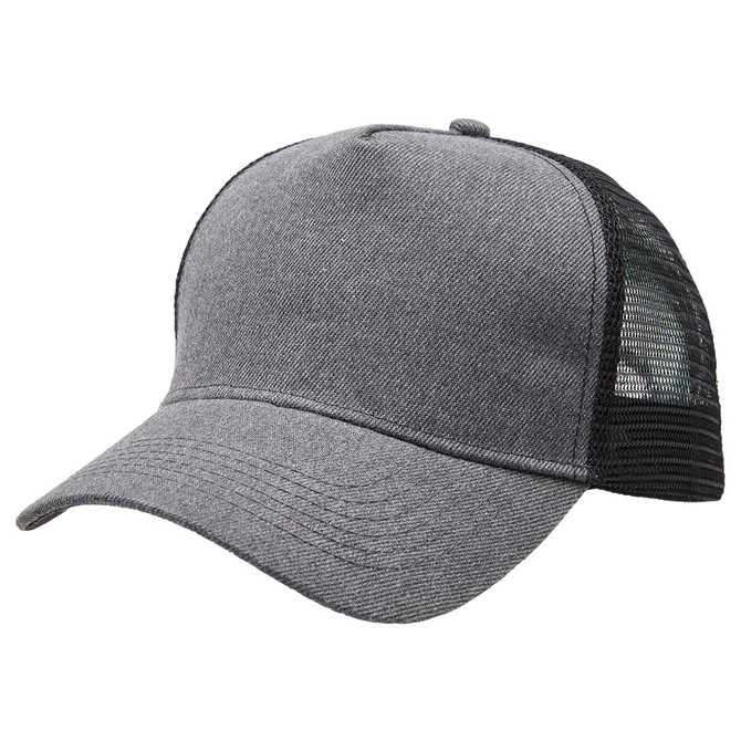 A grey heathered mesh trucker cap with a structured front and breathable black mesh sides, featuring a logo.
