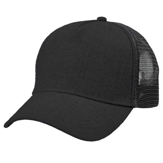 A black heathered mesh trucker cap featuring a solid front and mesh sides, with a logo on the front.