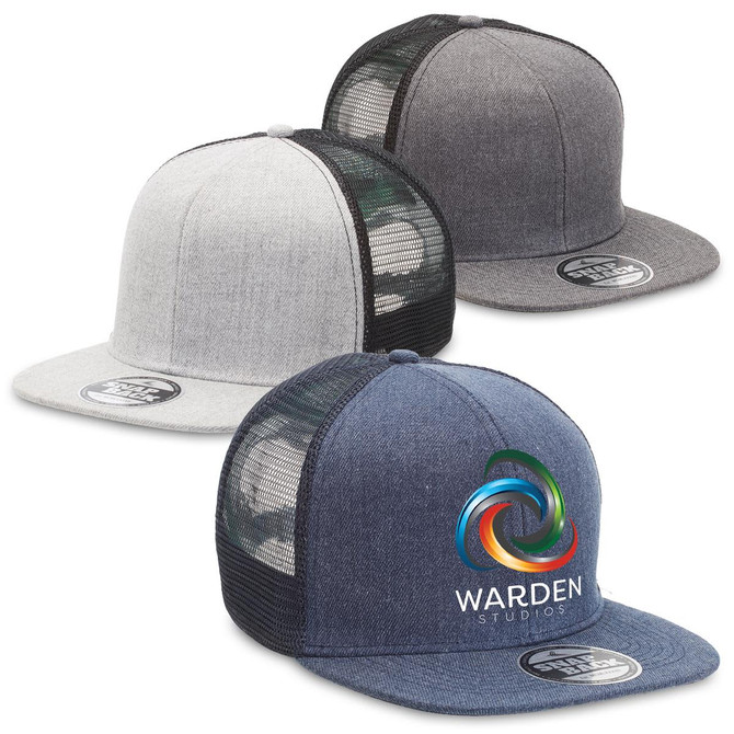 Three trucker caps in grey and denim, featuring a logo on the front and a mesh back.