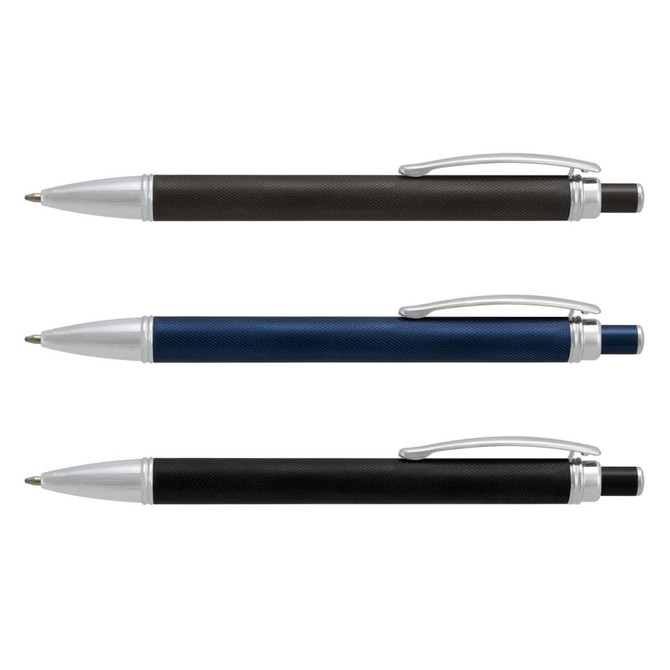 Three metal pens featuring a textured grip in black, blue, and silver, with silver accents and clip.