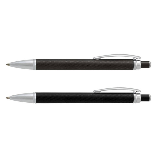 Two metal pens are displayed: one with a black rubber grip and silver accents, and the other entirely in black. Both have branding.