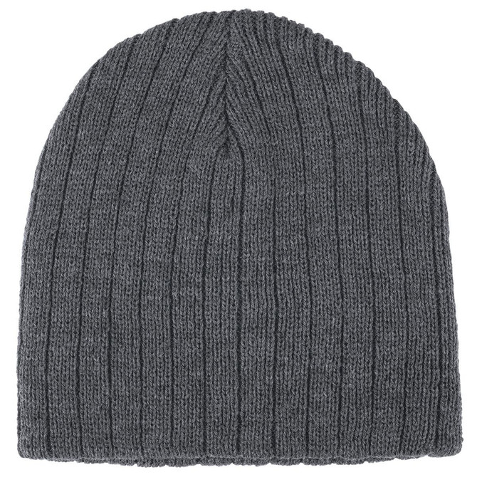 A grey cable knit beanie featuring a textured design and a logo. Suitable for headwear.