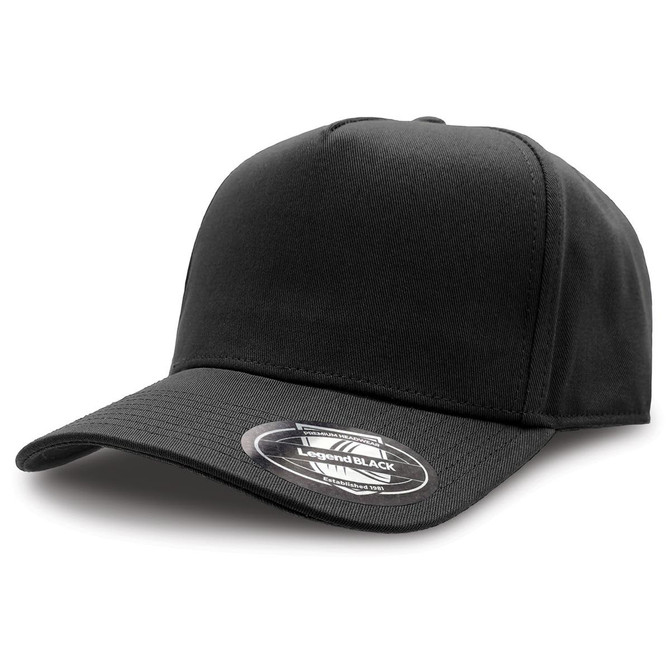 A black A-Frame cap featuring a curved brim and a logo on the side.