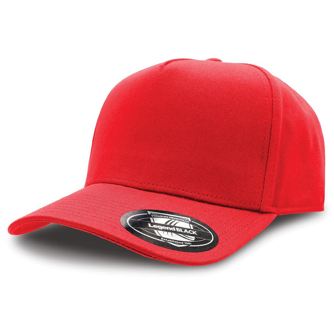 A red baseball cap featuring a curved visor and a logo on the front.