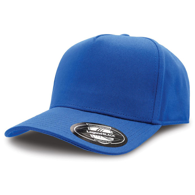 A blue cap with a curved brim and a logo on the side.