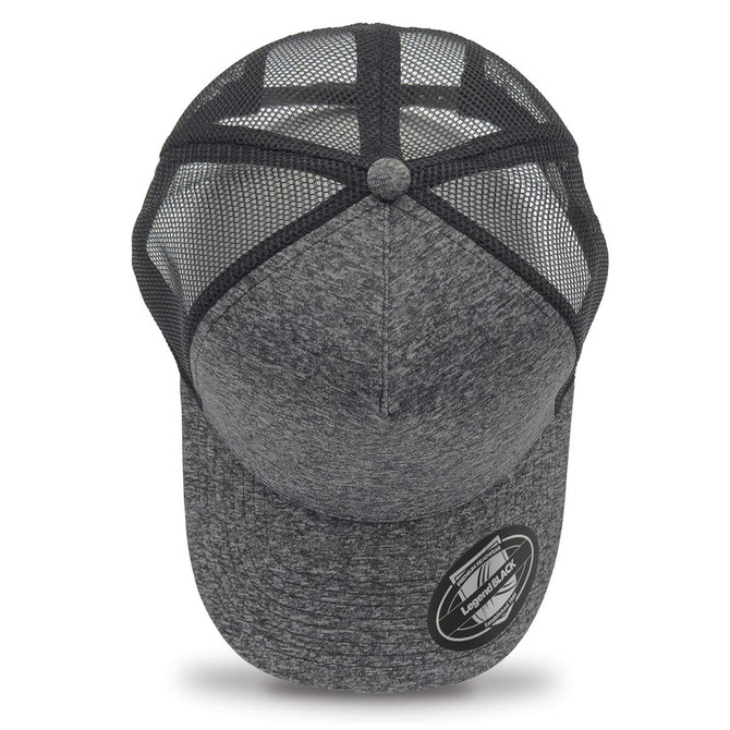 A grey trucker cap featuring a mesh back and a rounded peak, complete with a logo.