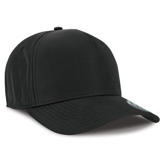 A black cap with a curved brim and a logo on the front. Features a structured design and a smooth fabric finish.