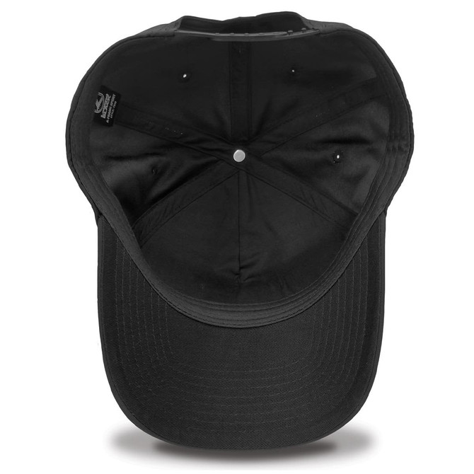 A black cap with a curved brim, featuring an interior view showcasing the lining and stitching details.