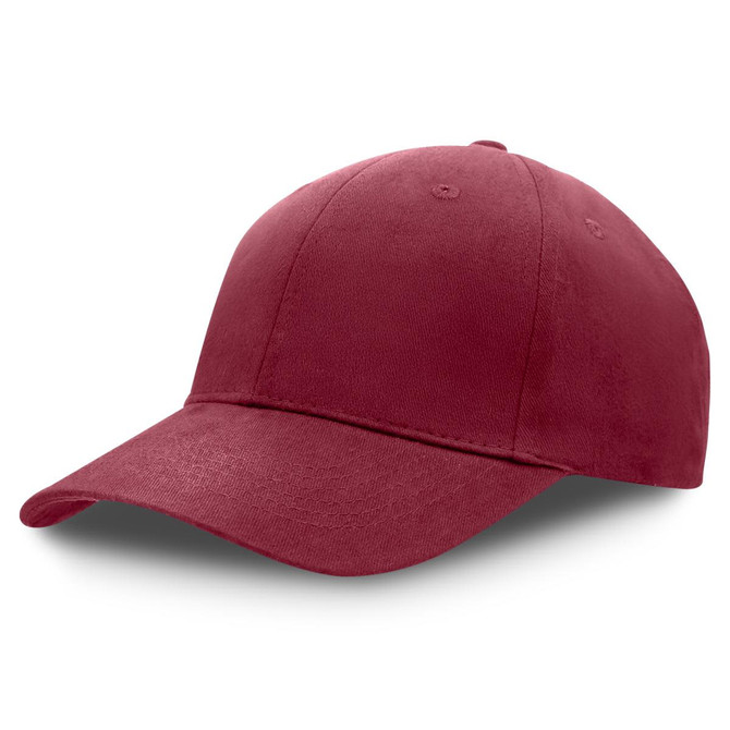 A maroon premium soft cotton cap with a curved peak and a fitted design, featuring a logo on the front.