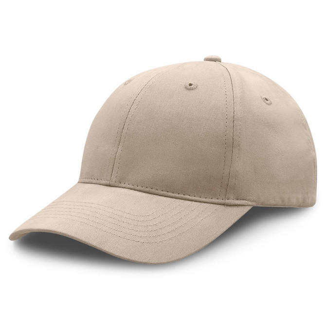 A beige premium soft cotton cap featuring a classic baseball cap design and a logo on the side.