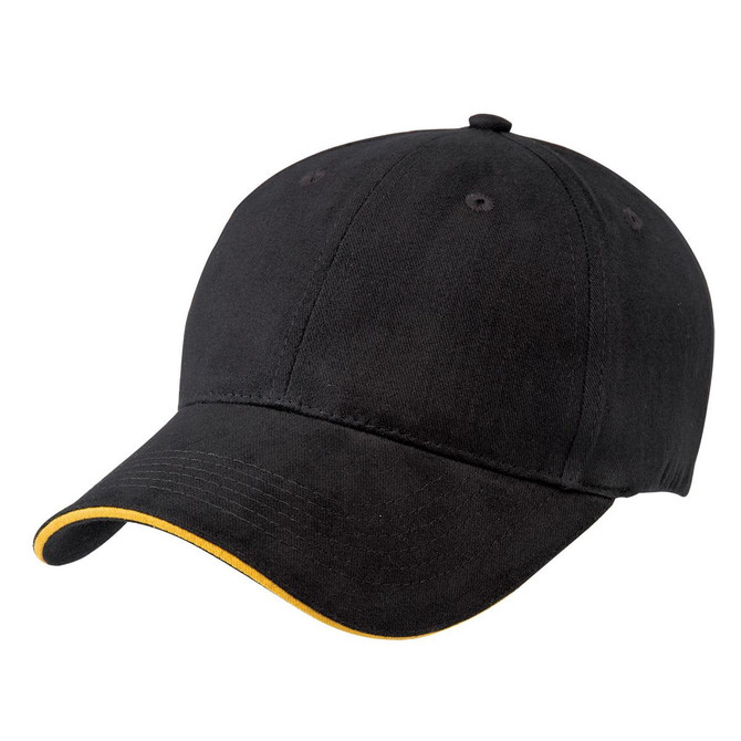 A black cap with a yellow accent on the brim and a logo on the front. Suitable for casual wear.