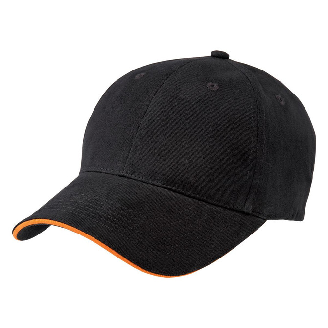 A black cap with an orange peak, featuring a curved brim and a logo on the front.