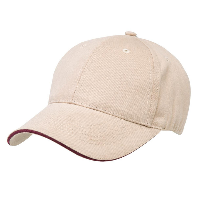 A beige cap with a maroon peak and an adjustable strap at the back. It features ventilation eyelets and a logo.