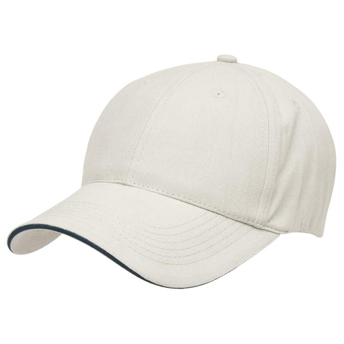 A cream-coloured cap with a dark trim and a rounded peak, featuring a logo on the front.