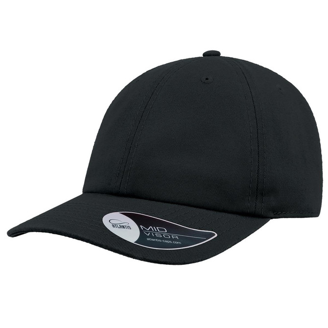 A black Dad Hat with a mid visor and an attached logo on the side.