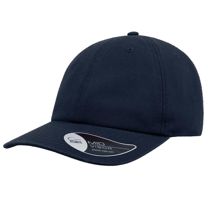A navy blue dad hat with a curved brim and a logo on the front.