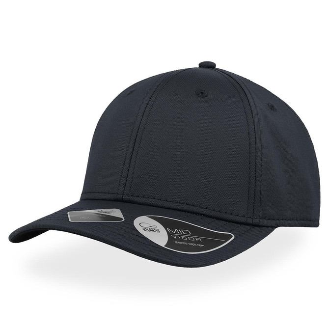 A dark grey cap with a mid visor, featuring a logo on the side.