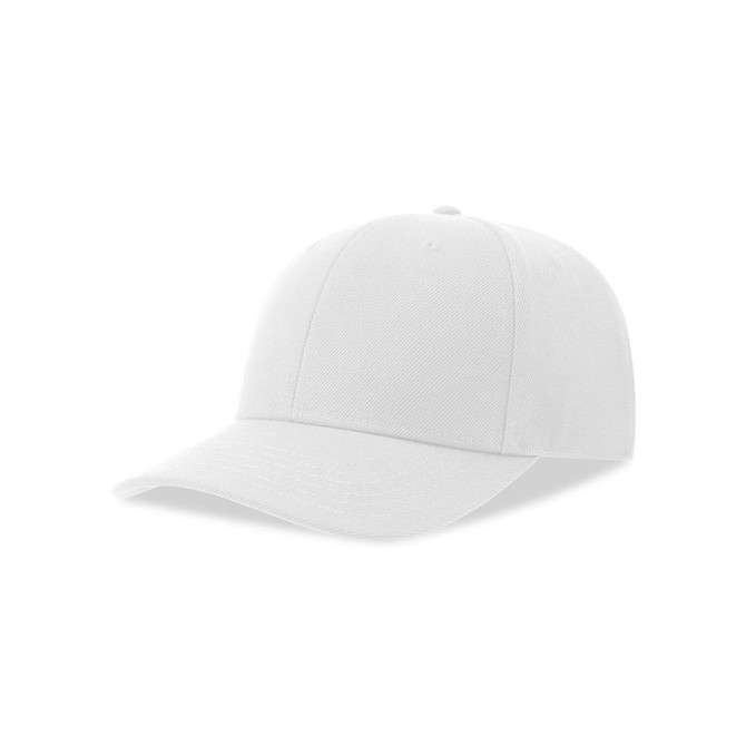 A white baseball cap made from recycled polyester, featuring a structured design and a logo.