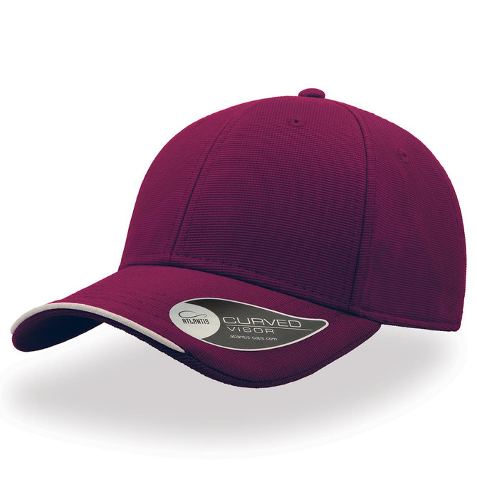 A maroon cap with a curved brim and a logo on the front side. Features a classic design and structured fit.