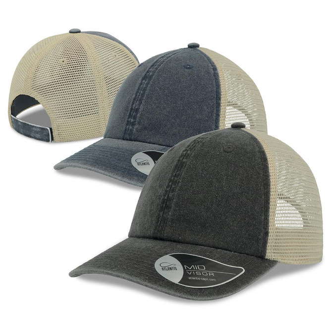 A range of trucker caps featuring a dark grey front and beige mesh sides, with one cap showing the back view.