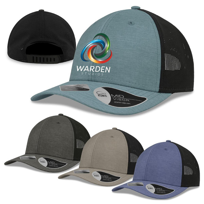 A selection of caps in green, olive, and blue, featuring a logo on the front and a mesh back.