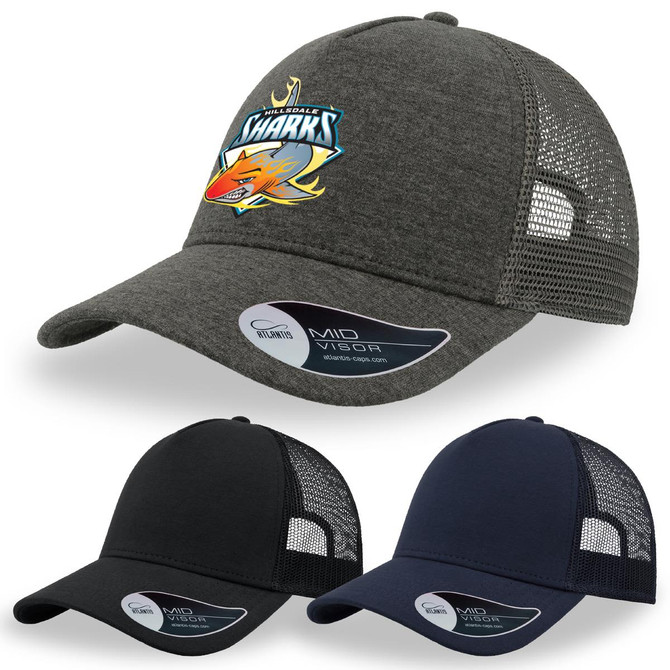 A grey trucker cap with a logo, accompanied by black and navy options displaying mesh panels.