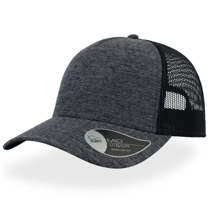 A grey cap with a black mesh back and a curved visor, featuring a logo on the side.