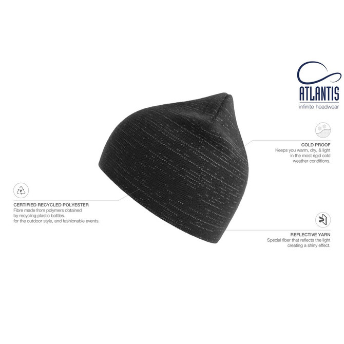 A black beanie made from recycled polyester, featuring reflective yarn for a stylish effect and a logo present.