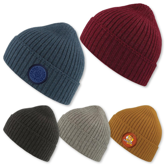 A collection of beanies in blue, burgundy, olive green, grey, and mustard, featuring various logos.