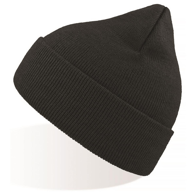 A black Eko Beanie with a ribbed texture and a tapered top, displayed at an angle. Features a logo.